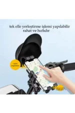 Otomatik Tuşlu Şapkalı Motorsiklet Bisiklet Telefon Tutacağı Ayna ve Gidon Bağlantılı - Görsel 2