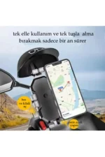 Otomatik Tuşlu Şapkalı Motorsiklet Bisiklet Telefon Tutacağı Ayna ve Gidon Bağlantılı - Görsel 4