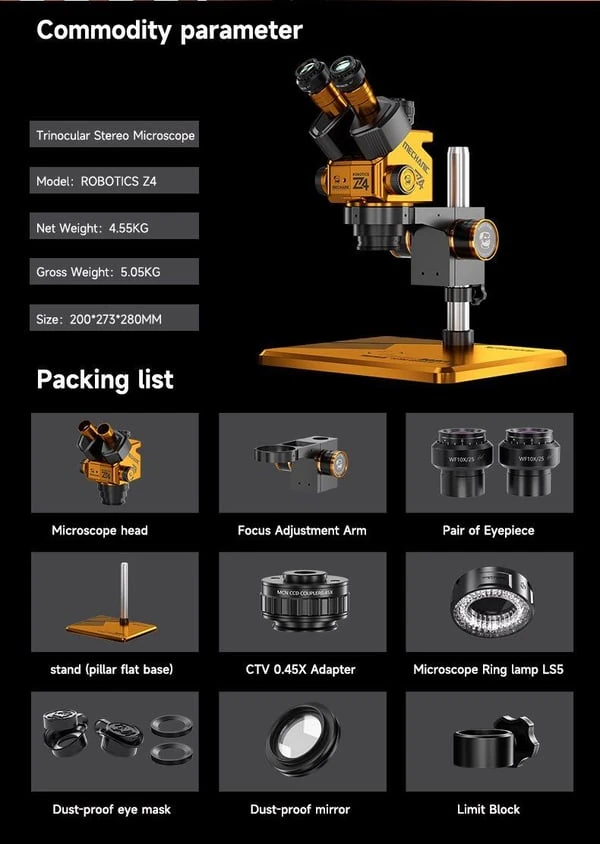 Mechanic Robot Z4 6.5-60X Trinoküler Stereo Mikroskop, Alüminyum Alaşımlı Büyük Tabanlı