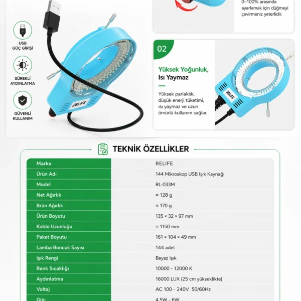 Relife RL-033M 144 Ledli Yüksek Parlaklık Ayarlanabilir Mikroskop Işığı