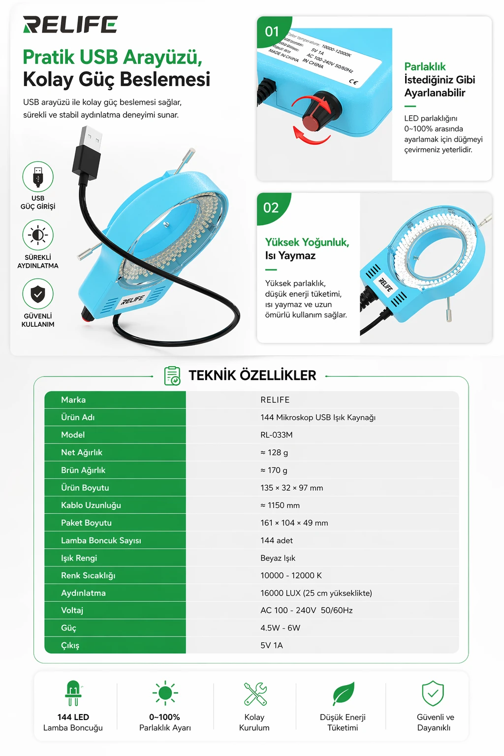 Relife RL-033M 144 Ledli Yüksek Parlaklık Ayarlanabilir Mikroskop Işığı