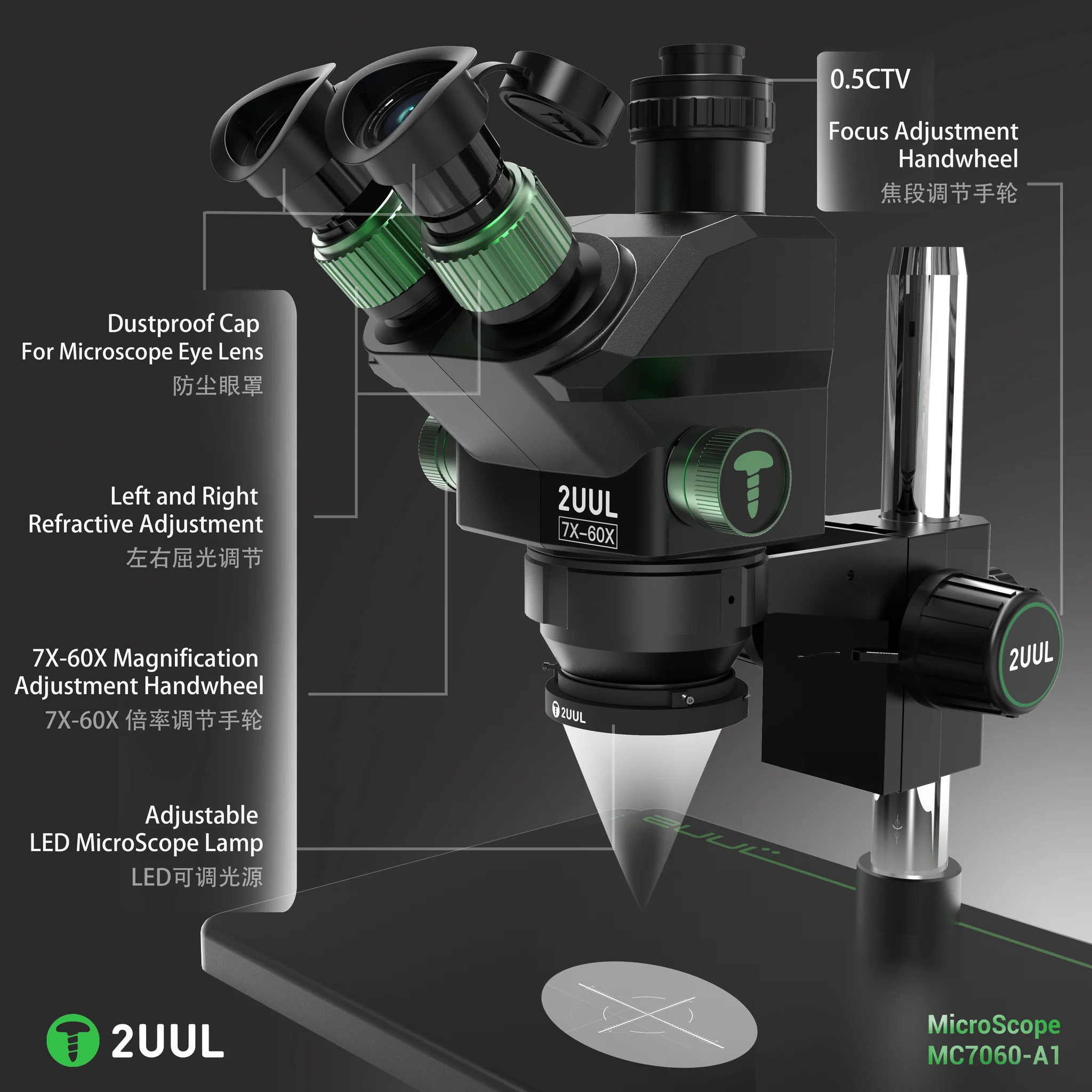 2uul MicroScope MC7060-A1 7-60X Senkron Zoomlu Trinoküler Mikroskop, PCB Mikro İşlemleri İçin