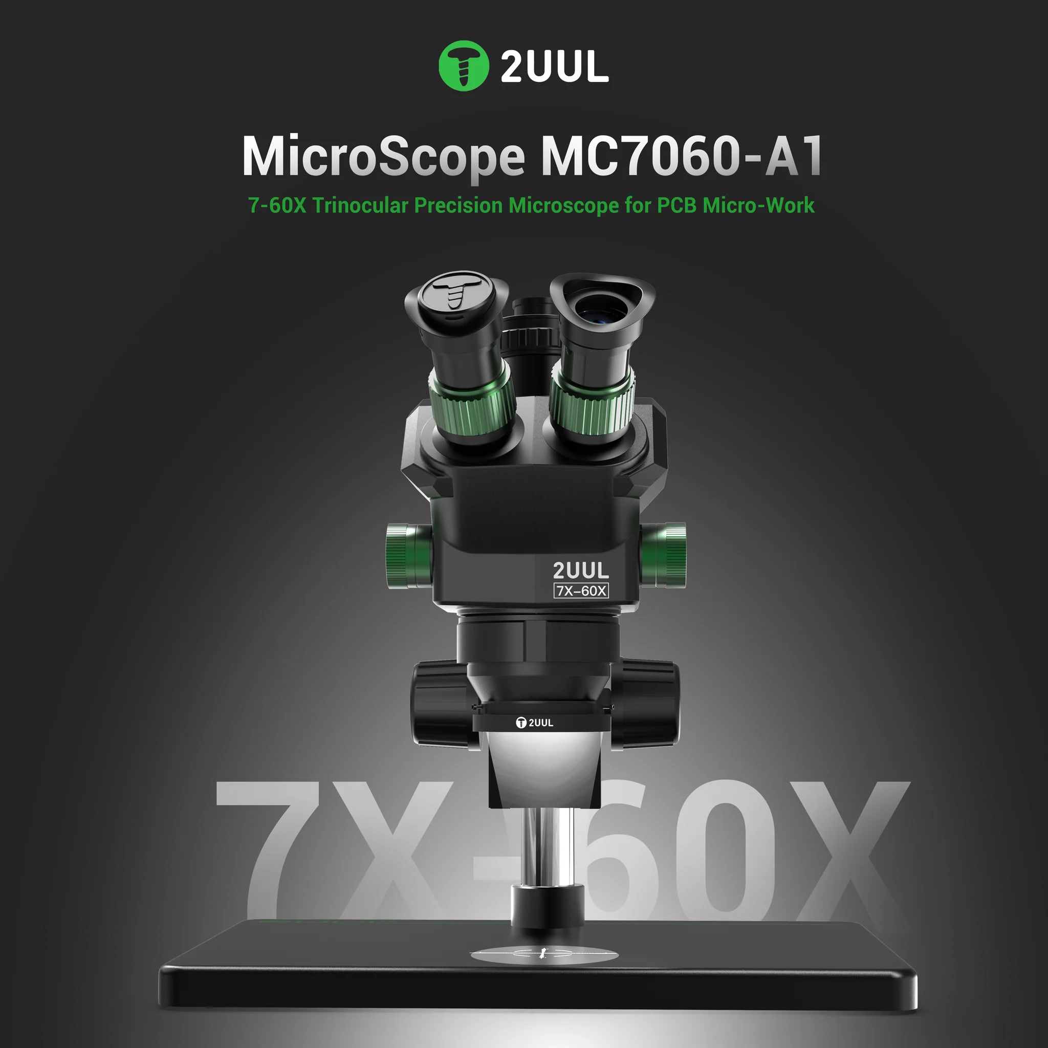 2uul MicroScope MC7060-A1 7-60X Senkron Zoomlu Trinoküler Mikroskop, PCB Mikro İşlemleri İçin