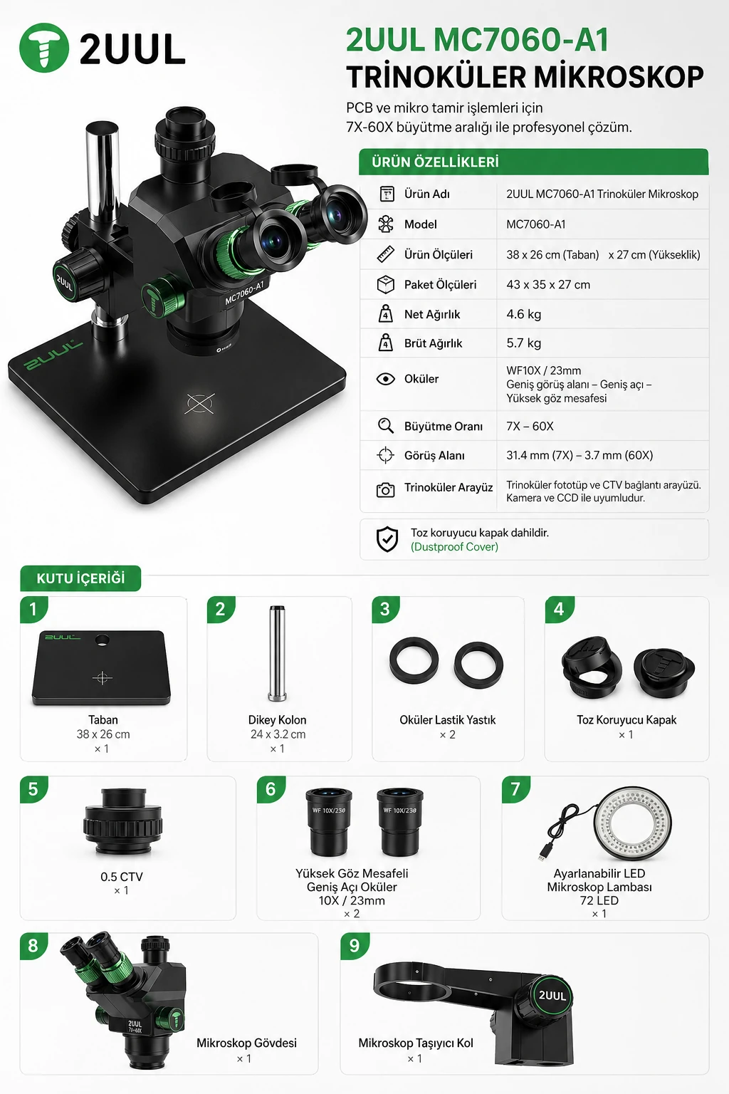 2uul MicroScope MC7060-A1 7-60X Senkron Zoomlu Trinoküler Mikroskop, PCB Mikro İşlemleri İçin