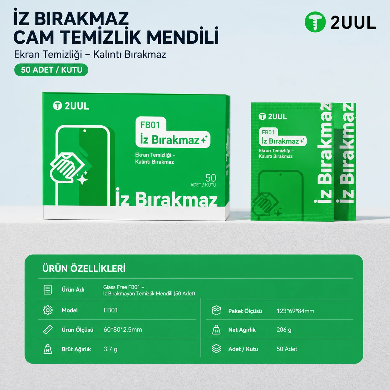 2UUL FB01 Kalıntı Bırakmayan Cam Yüzey Temizleme Mendilleri (50 Adet)