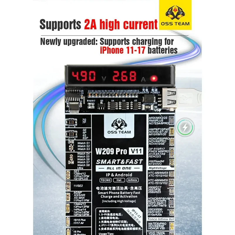 OSS TEAM W209 Pro V11 Akıllı Telefon Bataryası Hızlı Şarj ve Aktivasyon Kartı (iPhone 6-17 Pro Max/Apple Watch/Android Telefonlar için)