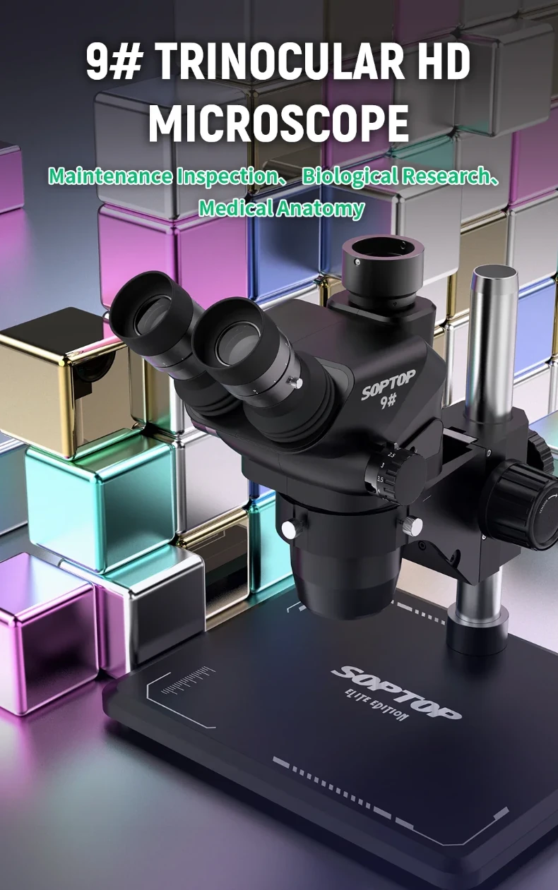 Soptop 9 Ayarlanabilir Trinoküler Mikroskop 6.7-4.5X 360 Derece, Alüminyum Alaşımlı Büyük Tabanlı