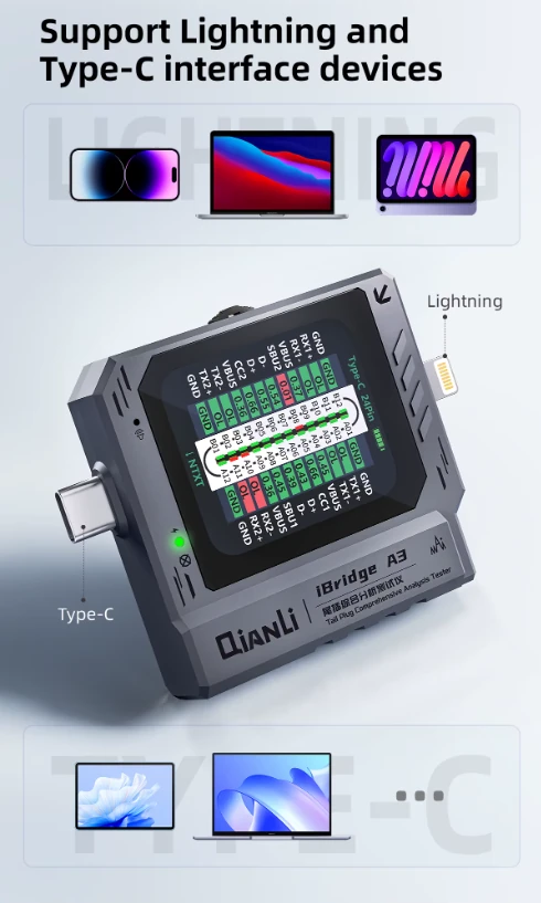 Qianli iBridge A3 Lightning ve Type-C Arayüz Cihazları için Kapsamlı Analiz Test Cihazı